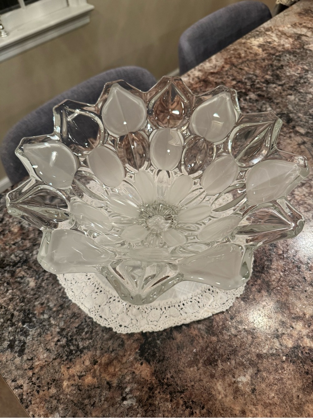 Vintage Crystal Clear Industries Moravia pattern frosted glass footed bowl